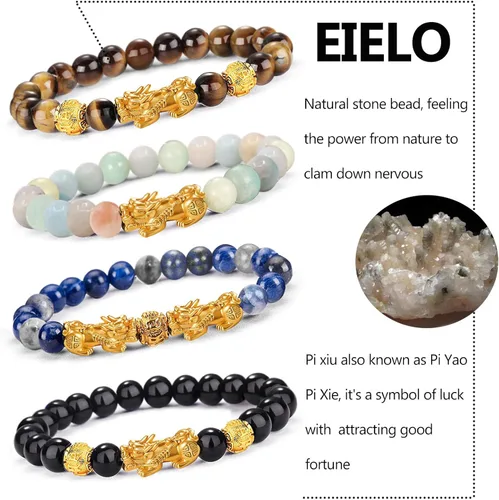 Vista 7 de EIELO Feng Shui Pixiu - Pulseras de buena suerte para hombres y mujeres, piedras preciosas naturales, energía curativa, obsidiana, pi, yao, dragón