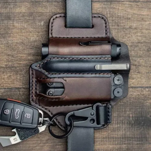 Vista 2 de Amorr Funda multiherramienta de cuero para cinturón, organizador de bolsillo EDC con soporte para llaves, cinturón de almacenamiento, bolsa de Negro