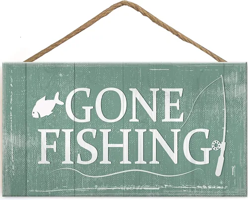 Vista 2 de TOMATO FANQIE Gone Fishing - Placa colgante náutica, letrero decorativo para papá y abuelo, diseño shabby chic, regalo de cumpleaños, placa