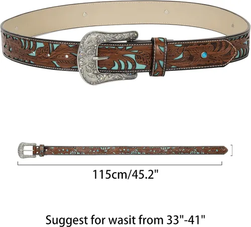 Vista 4 de Western-Cowgirl-Cinturones para Mujer y Hombre Turquesa-Decorado-Hebillas Plateadas-Cinturones de Cuero de Vaquero Occidental para Pantalones