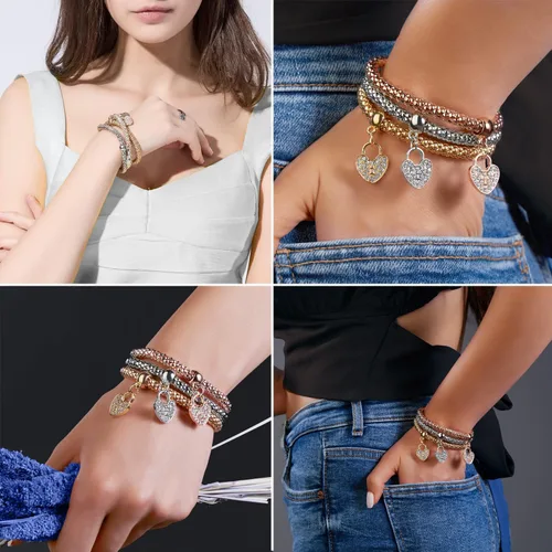 Vista 4 de GuGoLar 12 pulseras de cadena de maíz de oroplataoro rosa de cristal multicapa de mariposa círculo de corazón medallón de árbol de la vida