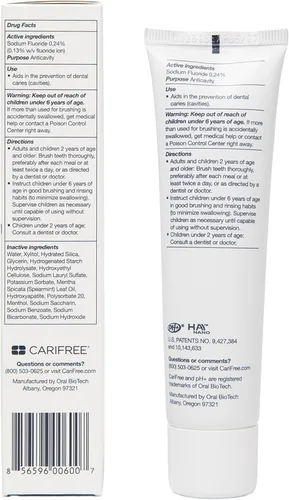 Vista 5 de CariFree Gel 1100 (menta) Pasta dental con flúor anticaries con nanohidroxiapatita, protección de esmalte, recomendado por dentistas para niños