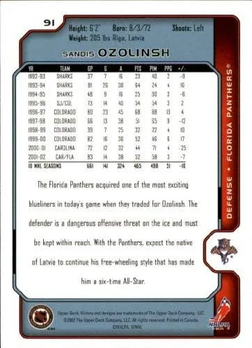 Vista 2 de 2002-03 Upper Deck Victory #91 Sandis Ozolinsh NHL - Tarjeta de intercambio de hockey