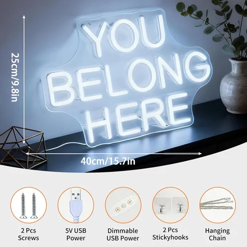 Vista 2 de Letrero de neón LED con texto en inglés "You Belong Here", luz de neón decorativa regulable alimentada por USB, para el hogar, sala de estar