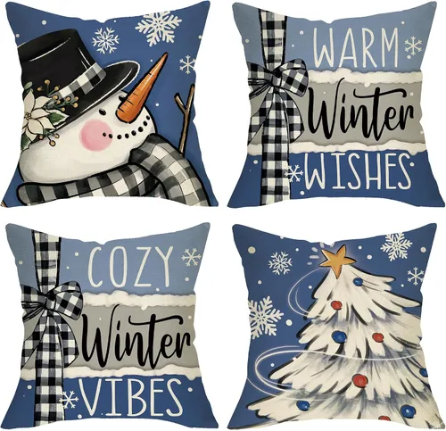 Vista 9 de Juego de 4 fundas de almohada decorativas de árbol de pino de Navidad de 18 x 18 pulgadas, bolas de alegría de Navidad, copos de nieve dorados