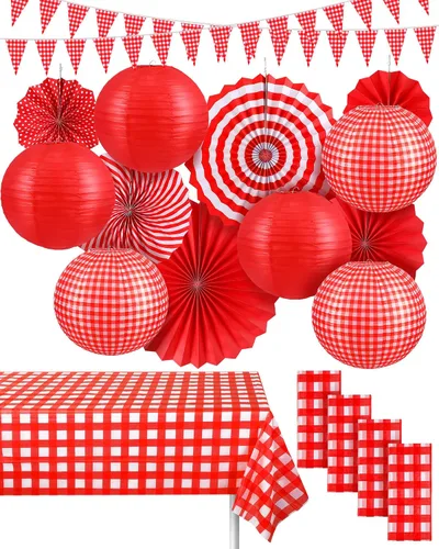 Vista 8 de Hortsun 18 piezas de decoración de fiesta de pícnic, suministros de fiesta de cuadros a cuadros que incluyen banderines a cuadros, abanicos de papel