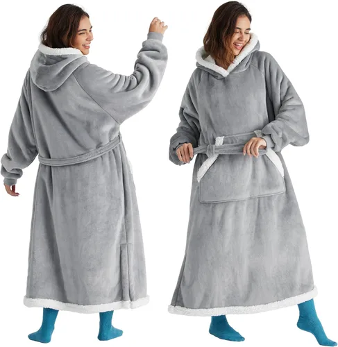 Vista 7 de Bedsure Manta Vestible con Capucha para Mujer - Manta Larga de Forro Polar Sherpa con Capucha para Adultos, Mujeres y Hombres, Cálida y Acogedora