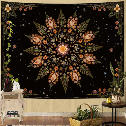 Vista 8 de Fowocu Tapiz bohemio con mandala floral para colgar en la pared, medallón de flores bohemias, tapiz estético, beige, naranja, hippie, indio, pequeño