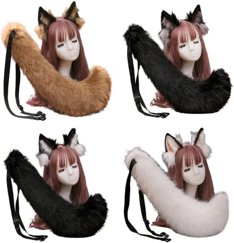 Vista 8 de Angela0123 - Juego de diadema de orejas de lobo de piel sintética y cola larga de Anmimal peludo fiesta de Halloween anime Lolita disfraz de cosplay