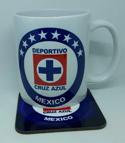 Vista 3 de Cruz Azul Mexico Soccer Team Taza de café con posavasos, taza de cerámica blanca, taza, posavasos y llavero 3 piezas