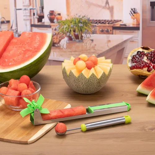 Vista 5 de Cortador de sandía en forma de molino de viento, YIDADA. Herramientas de fruta de acero inoxidable para cortar rápidamente. Herramienta de cocina
