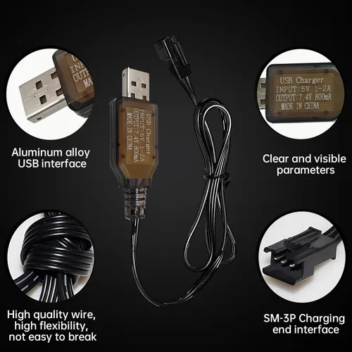 Vista 3 de 2 cables de carga USB de 7.4 V 800 mA con conector de enchufe SM-3P para excavadora RC, camión, tanque, vehículo de ingeniería Huina 1575 RC, auto