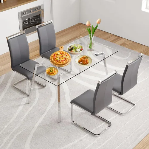 Vista 12 de Juego de mesa de comedor de cristal para 4, mesa rectangular con 4 sillas de cocina de cuero blanco, juego de comedor de cocina de 51 pulgadas, mesa