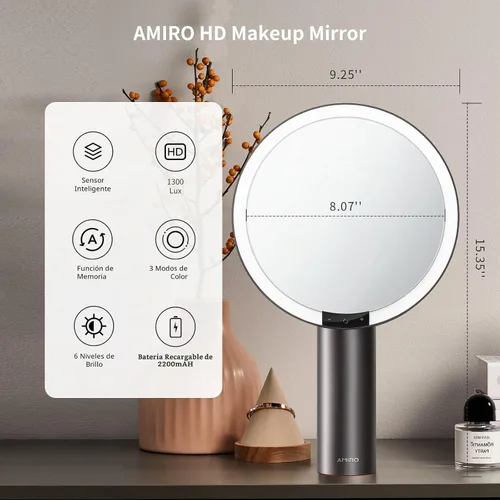 Vista 5 de AMIRO Espejo de maquillaje iluminado de 9" con sensor inteligente y control táctil, 3 colores y 6 niveles de brillo, recargable e inalámbrico Negro