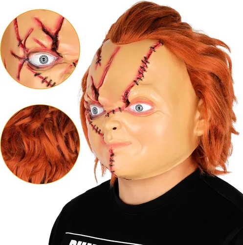 Vista 5 de Máscara Chucky espeluznante de látex de cabeza completa con pelo realista máscara de cosplay máscara de Halloween mata para adultos y niños