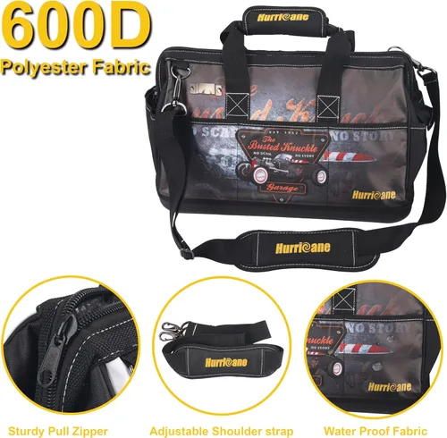 Vista 2 de Busted Knuckle Garage bolsa de herramientas portátil de 16 pulgadas con boca ancha, 21 bolsillos, gran espacio interior y base impermeable