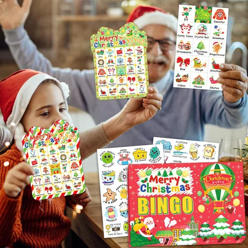 Vista 6 de 39 tarjetas de bingo de Navidad, 24 jugadores, lindo juego de bingo de Navidad para niños y adultos, suministros de fiesta, juegos familiares