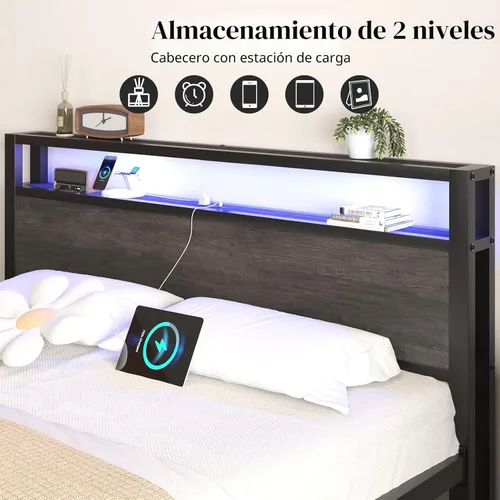Vista 6 de LOEWAY Base de cama tamaño Queen con cabecero de almacenamiento y luces LED, color gris
