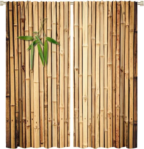 Vista 17 de Cortinas con estampado de bambú, tallos y hojas de bambú, temática oriental natural, oscurecimiento de habitación, ventana, ventana, cortina