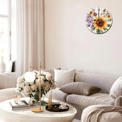 Vista 3 de Reloj de pared de madera de girasol, relojes de pared de granja, funciona con pilas, reloj de pared analógico de 10 pulgadas, reloj de pared