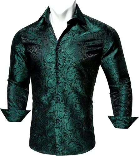 Vista 4 de Barry.Wang Camisas casuales para hombre, camisa de vestir de manga larga con estampado de cachemira de seda para fiesta de negocios, tejido