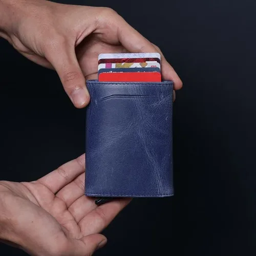 Vista 5 de wrop Cartera para hombre con tarjetero Bolsillo delantero y trasero Cartera minimalista Genunie Leaather para hombre, Azul, Cartera minimalista
