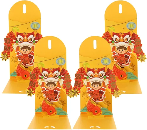 Vista 10 de Vaguelly Sobres rojos de año nuevo 3D 2024, 4 unidades, loto chino, carácter, año del dragón, Fengshui, Fortuna, sobre Hong Bao Lucky Money Red
