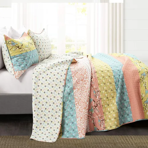 Vista 2 de Lush Decor Royal Empire - Juego de edredón reversible de algodón, juego de ropa de cama de 3 piezas a rayas, patrones bohemios llamativos