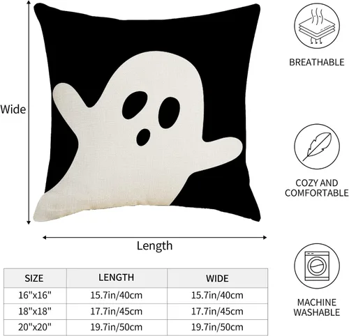 Vista 6 de Juego de 2 fundas de almohada de Halloween de 16 x 16 pulgadas, decoración de fantasma blanco negro, funda de almohada de lino para el hogar, sofá