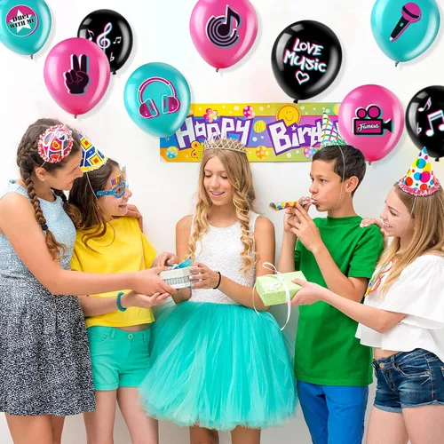 Vista 6 de 45 globos de fiesta musical de 12 pulgadas con cinta, letreros de notas musicales