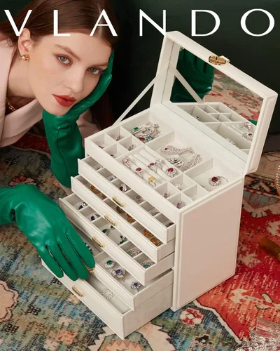 Vista 8 de Vlando Organizador grande de joyero, organizador de joyas de 6 capas, de piel sintética, collar y aretes, almacenamiento para mujeres, Navidad, Año