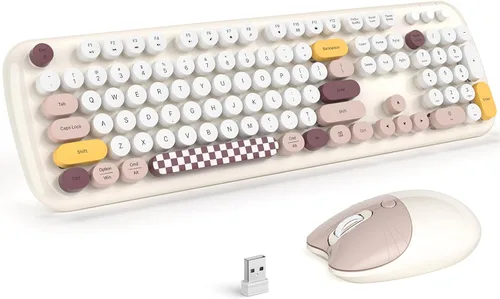 Vista 10 de MOFII Combo de teclado y mouse inalámbricos, teclado retro de máquina de escribir de 2.4 GHz, tamaño completo, lindos ratones inalámbricos, dongle