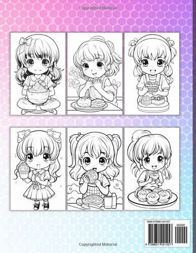 Vista 2 de Anime Coloring Book for Kids Cute Kawaii Girls with Favorite Anime Foods ( Ramen, Sushi, ..) Color Pages in Japanese Chibi Manga Art