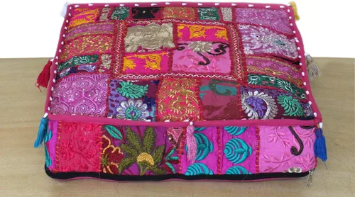 Vista 26 de CRAFT KALA Funda de Puf Tradicional de Retazos Cuadrada India Pufs de Sala de Estar India Otomana de Diseñador Bordada Decorativa Hogar Vida Rosa