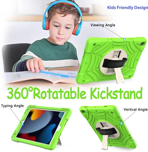 Vista 5 de BMOUO Funda para iPad de 9ª/8ª/7ª generación -10.2 pulgadas 2021/2020/2019 con protector de pantalla, soporte giratorio de 360º correa de mano