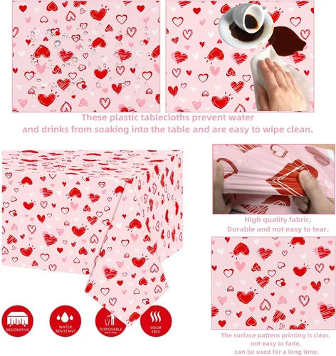 Vista 3 de Paquete de 3 manteles para el día de San Valentín, manteles desechables de plástico con corazón de amor rosa y rojo, 54 x 108 pulgadas, manteles