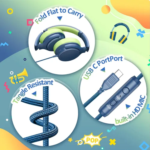 Vista 6 de Auriculares USB C para niños con cancelación activa de ruido en la escuela Azul