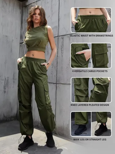 Vista 6 de udforsk Pantalones cargo de cintura alta para mujer, pantalones de paracaídas de pierna ancha para mujer con bolsillos, pantalones holgados Y2K