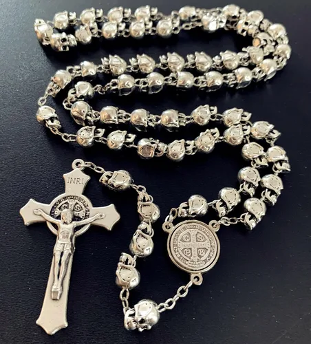 Vista 6 de elegantmedical Hecho a mano Católico San San Benito Rosario Crucifijo Cruz Plata Cráneo Cuentas Collar Católico Caja de Regalo