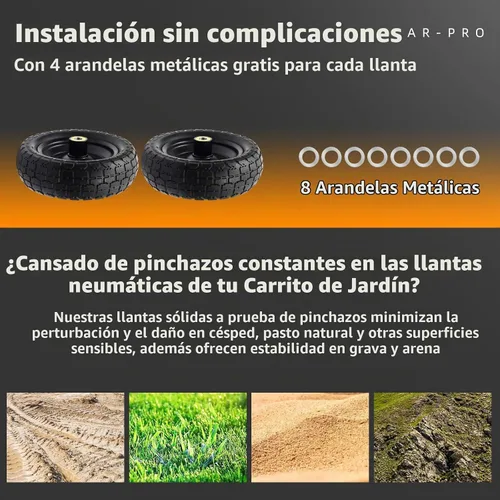 Vista 5 de AR-PRO Paquete de 2 neumáticos y rueda sólidos sin planos de 10 pulgadas, con orificio de eje de 5/8 pulgadas, cubo de desplazamiento de 2.1