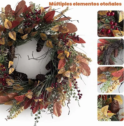 Vista 4 de Corona de otoño para puerta delantera, 24 pulgadas, hojas anchas rojas artificiales Baya Borgoña