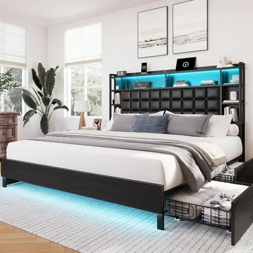 Vista 12 de LARMACE Marco de cama de madera tamaño queen con cajones de almacenamiento