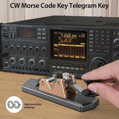 Vista 3 de Mini CW Key Morse Radio HAM Big Double Paddle Código Morse Llave Cuerpo de aleación de aluminio con base de altavoz Gris