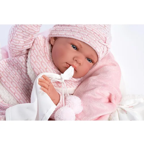 Vista 3 de Llorens Muñeca Nica con ojos azules y cuerpo de vinilo, muñeca bebé con traje rosa, manta de abrazo, chupete, cadena ficticia y cojín suave, 15.7 in