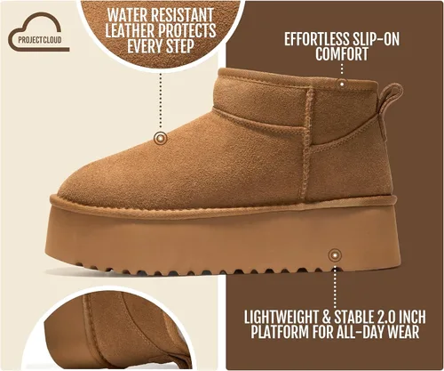 Vista 4 de Project Cloud - Botines de piel 100% auténtica para mujer, botas de plataforma Castaño