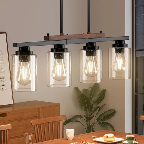 Vista 2 de Amico Lámpara de Comedor de 4 Luces para Isla de Cocina con Varillas Ajustables, Candelabro de Decoración Rústica de Metal Negro y Madera