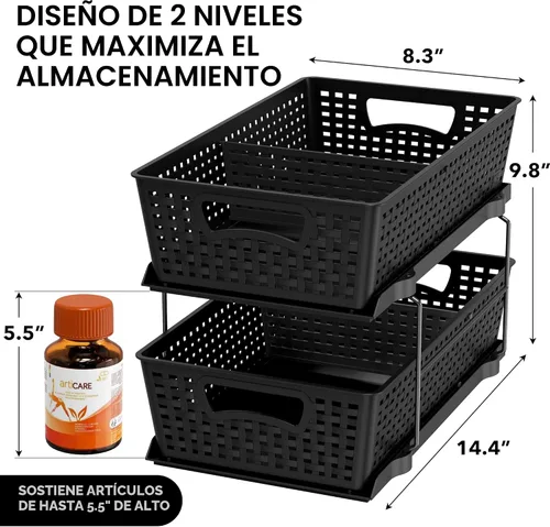 Vista 2 de Simple Houseware Bandeja organizadora de baño de 2 niveles, cajón deslizante extraíble, almacenamiento debajo del fregadero, color negro