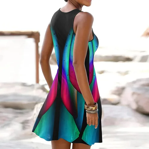 Vista 3 de Vestidos largos de verano para mujer 2023, a la moda, con estampado de verano, sin mangas, sueltos, vestidos medios