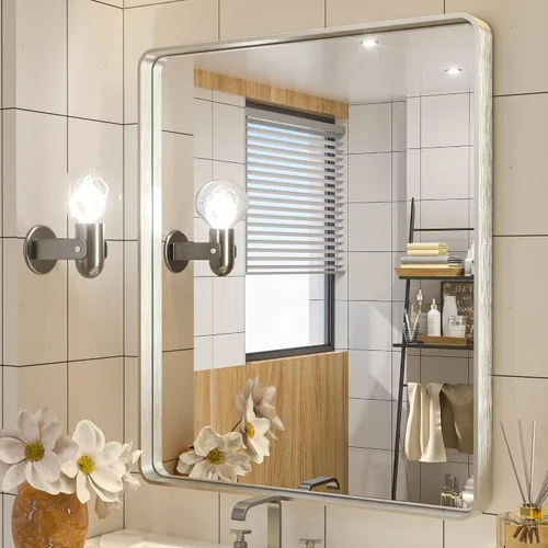 Vista 37 de Espejo de marco dorado cepillado de 16 x 24 pulgadas, espejo de tocador de baño de latón dorado para pared, espejo enmarcado rectangular de esquina