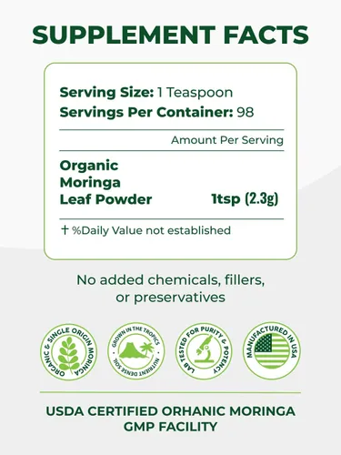 Vista 3 de PURA VIDA MORINGA Polvo orgánico de origen único - Polvo de hojas 100% premium, moringa oleifera orgánica USDA, polvo de hoja de moringa - Perfecto